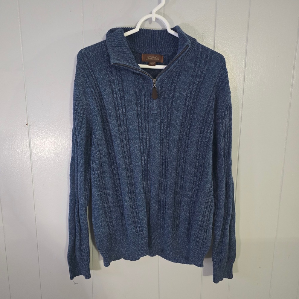 Tasso Elba Mens Medium Blue Marl Ribbed 100% Cotton Quarter Zip Sweater Pullover